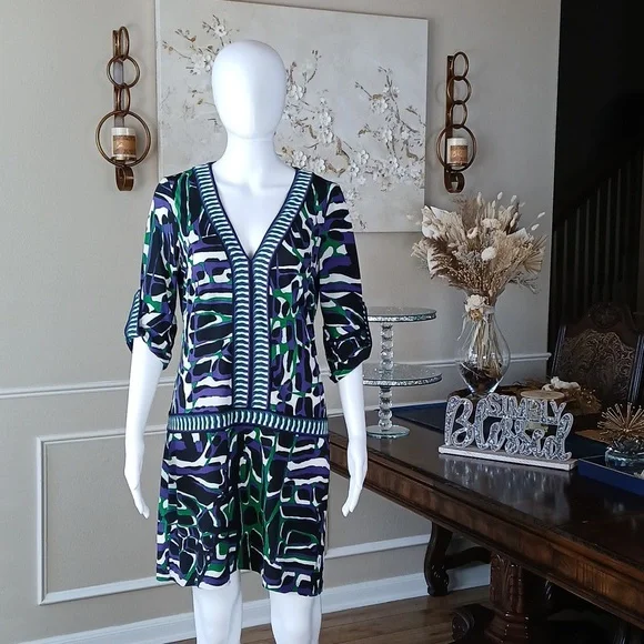 Women's Vibrant Geometric Print V-Neck Dress By BCBGMAXAZRIA. Size S - Picture 1 of 17